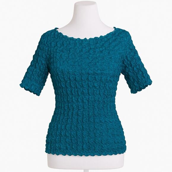 Vtg F C Teal Crinkle Pleated Stretch Top 3/4 Sleeve One Size Fits Most Boho Chic - Picture 2 of 2